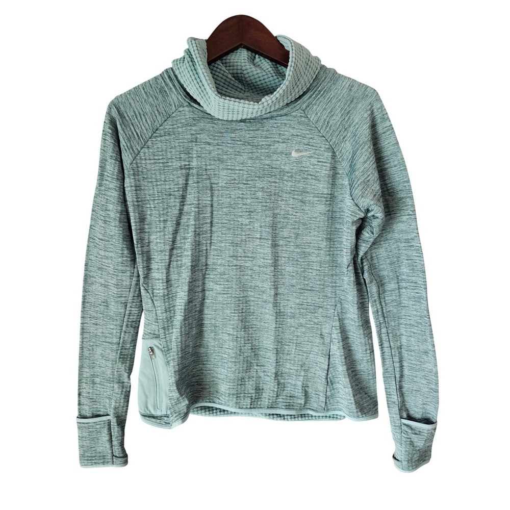 Nike Running Dri-FIT Cowl Neck Pullover Teal Heather Waffle Knit Thumbhole Sz M